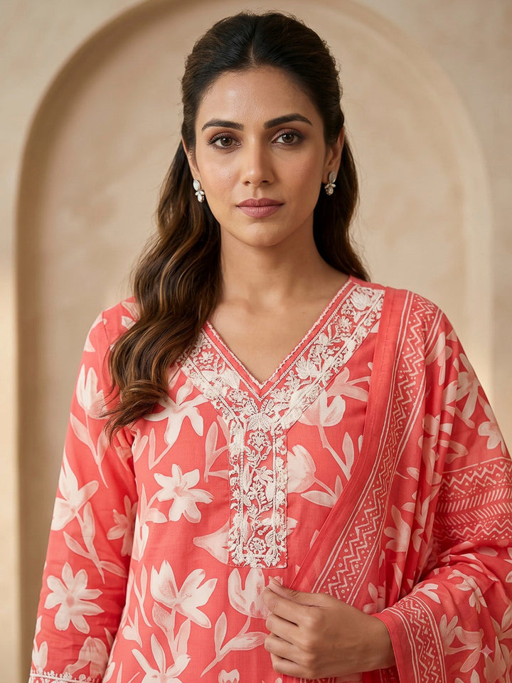 Red Printed Cotton Blend Kurta With Pant &amp; Dupatta