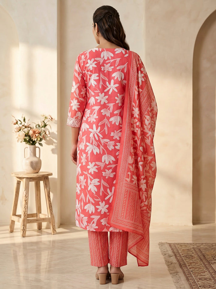 Red Printed Cotton Blend Kurta With Pant &amp; Dupatta