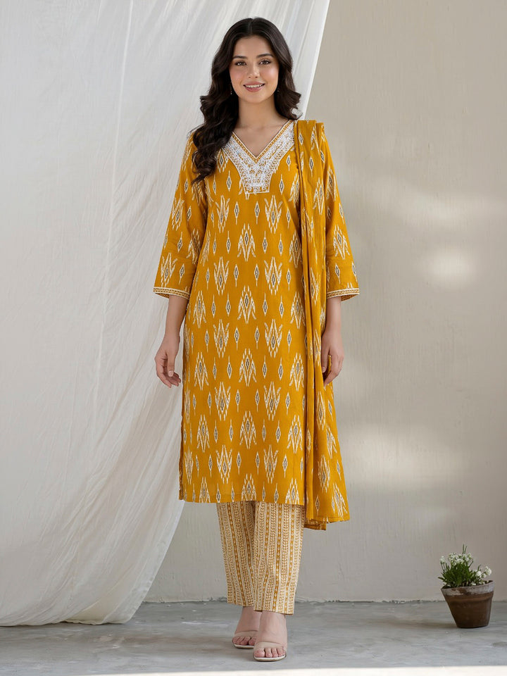 Mustard Printed Cotton Blend Kurta With Pant &amp; Dupatta