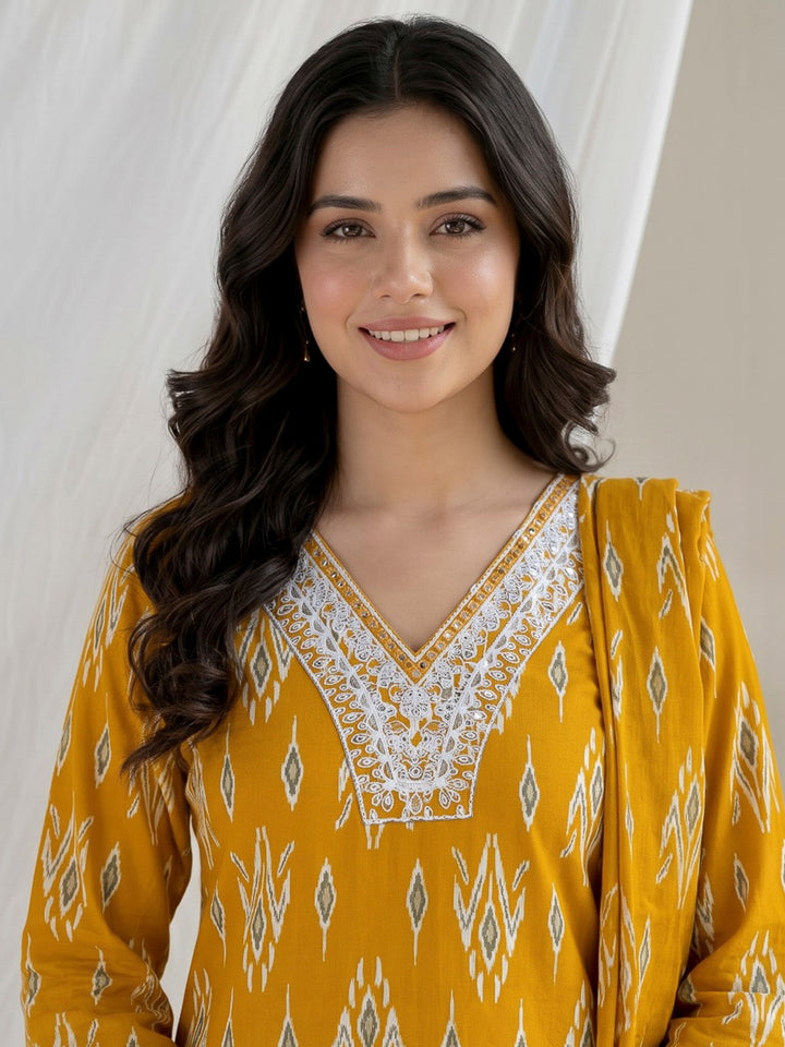 Mustard Printed Cotton Blend Kurta With Pant &amp; Dupatta