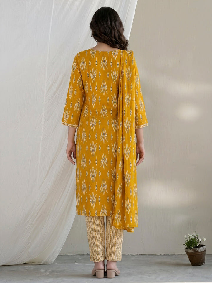 Mustard Printed Cotton Blend Kurta With Pant &amp; Dupatta