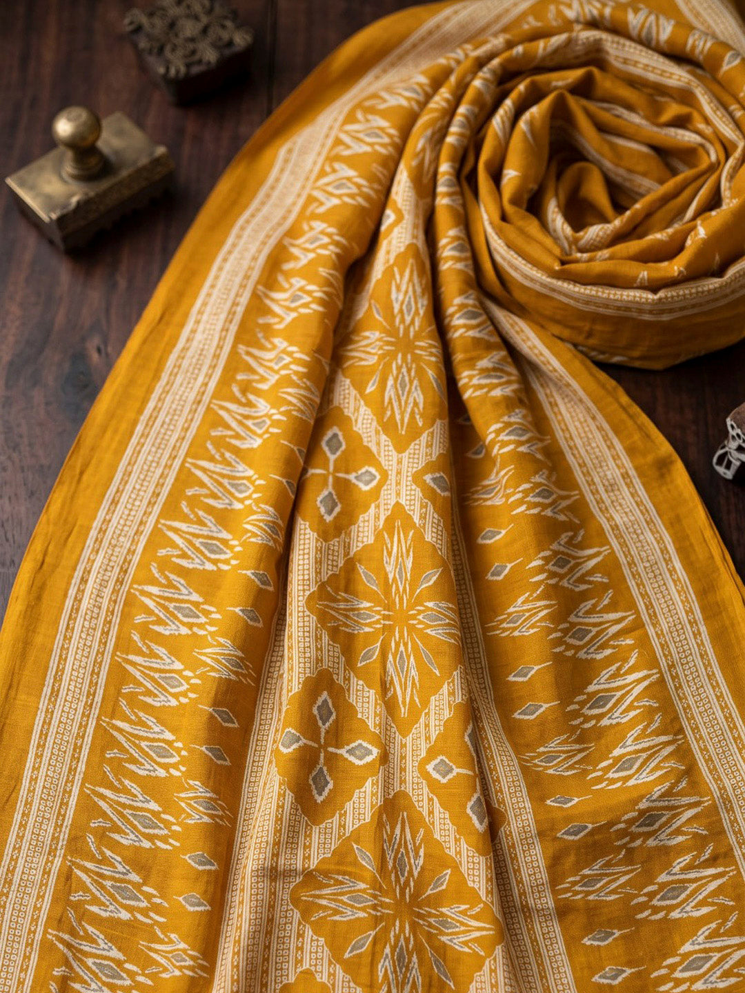 Mustard Printed Cotton Blend Kurta With Pant &amp; Dupatta