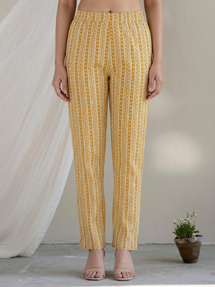 Mustard Printed Cotton Blend Kurta With Pant &amp; Dupatta