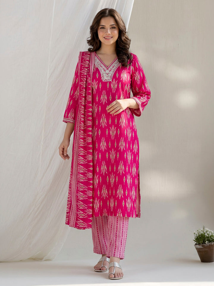 Rani Printed Cotton Blend Kurta With Pant &amp; Dupatta