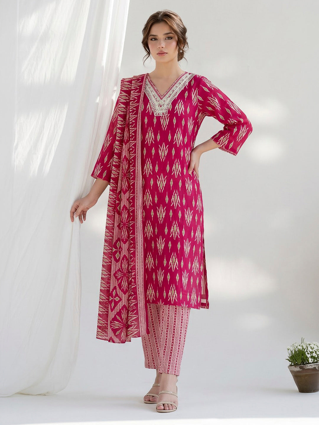 Red Printed Cotton Blend Kurta With Pant &amp; Dupatta