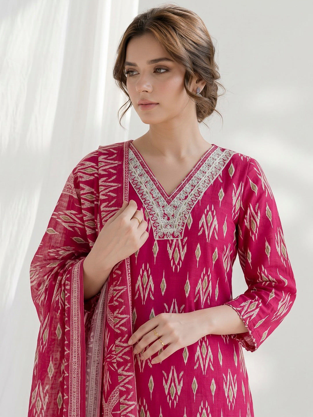 Red Printed Cotton Blend Kurta With Pant &amp; Dupatta