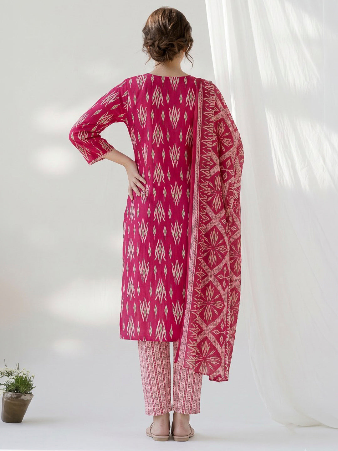 Red Printed Cotton Blend Kurta With Pant &amp; Dupatta