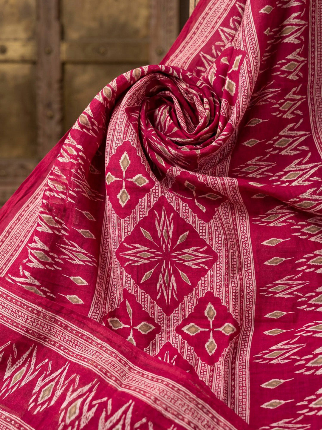 Red Printed Cotton Blend Kurta With Pant &amp; Dupatta