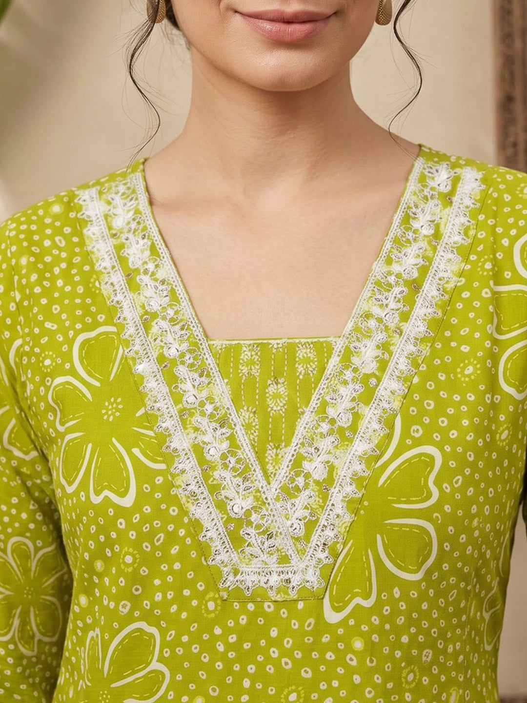 Green Printed Cotton Blend Kurta With Pant &amp; Dupatta