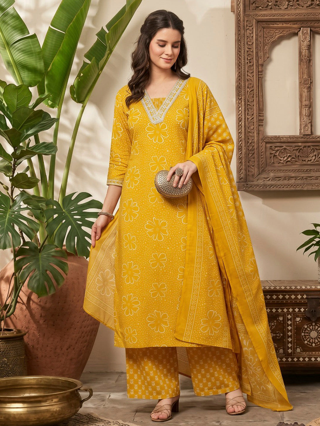 Mustard Printed Cotton Blend Kurta With Pant &amp; Dupatta