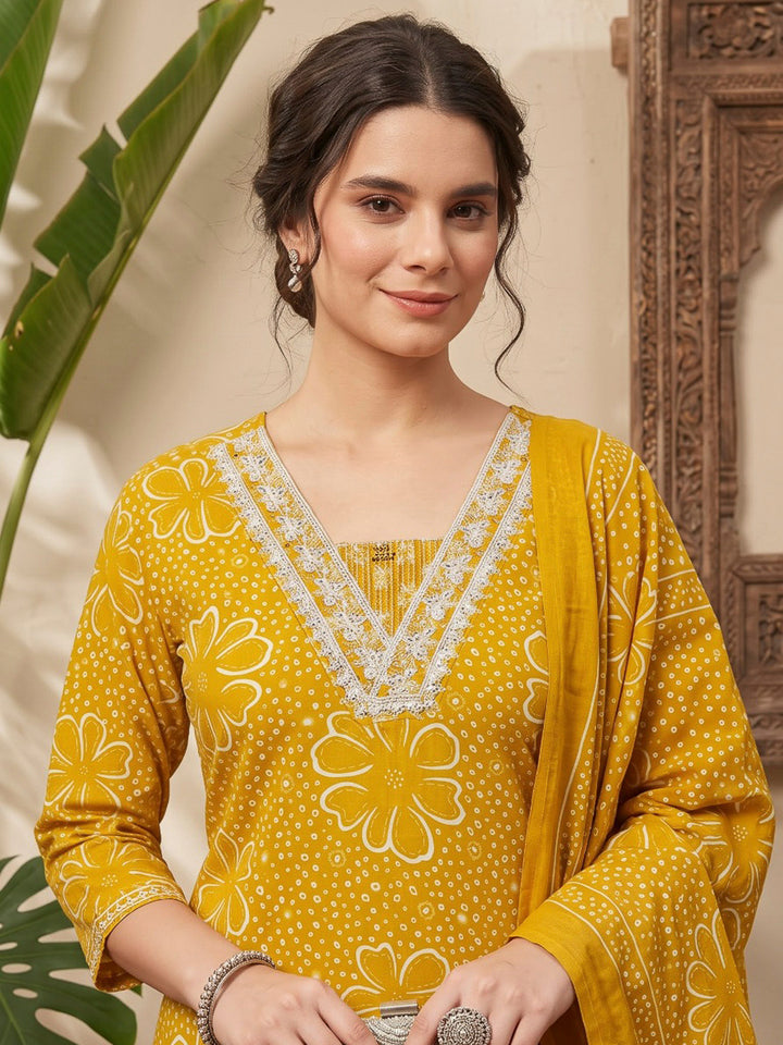 Mustard Printed Cotton Blend Kurta With Pant &amp; Dupatta