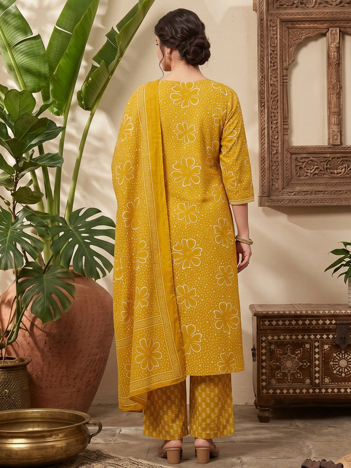 Mustard Printed Cotton Blend Kurta With Pant &amp; Dupatta