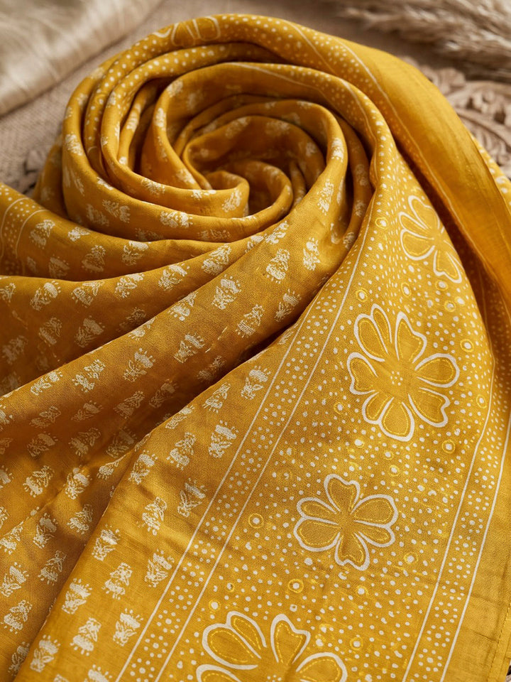 Mustard Printed Cotton Blend Kurta With Pant &amp; Dupatta