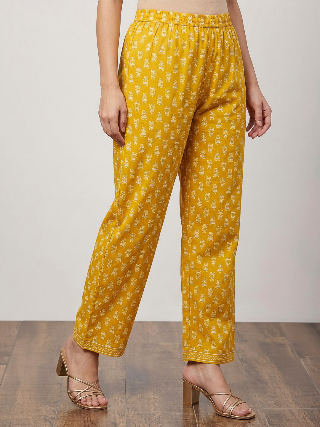 Mustard Printed Cotton Blend Kurta With Pant &amp; Dupatta