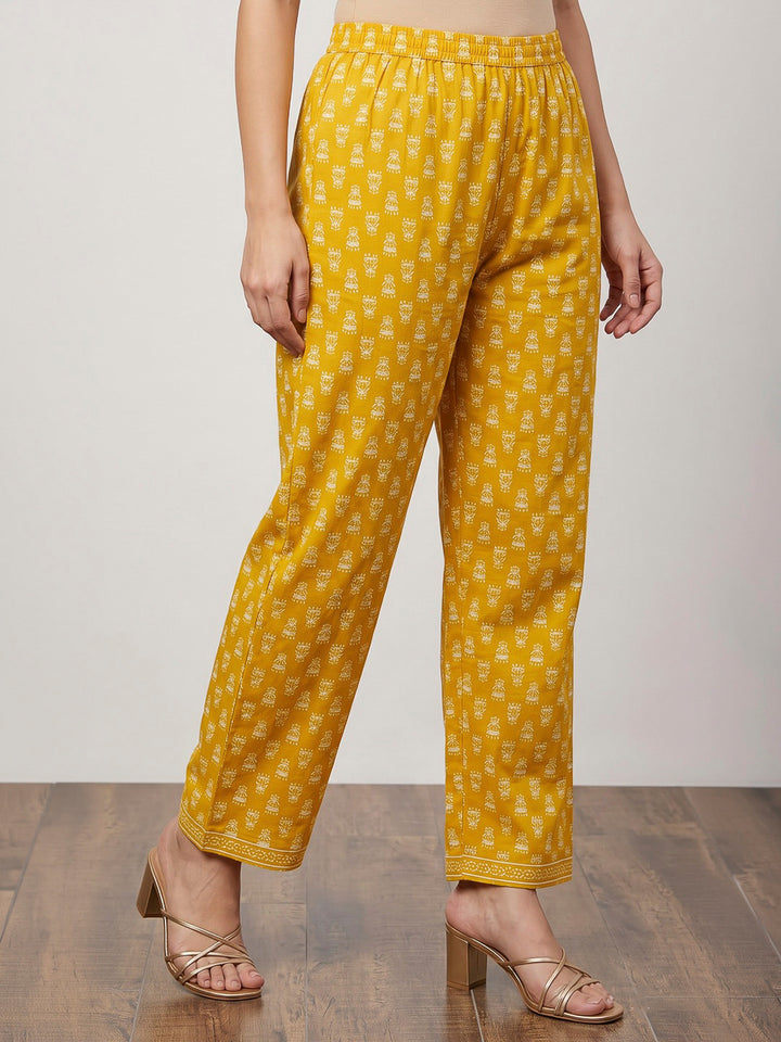 Mustard Printed Cotton Blend Kurta With Pant &amp; Dupatta