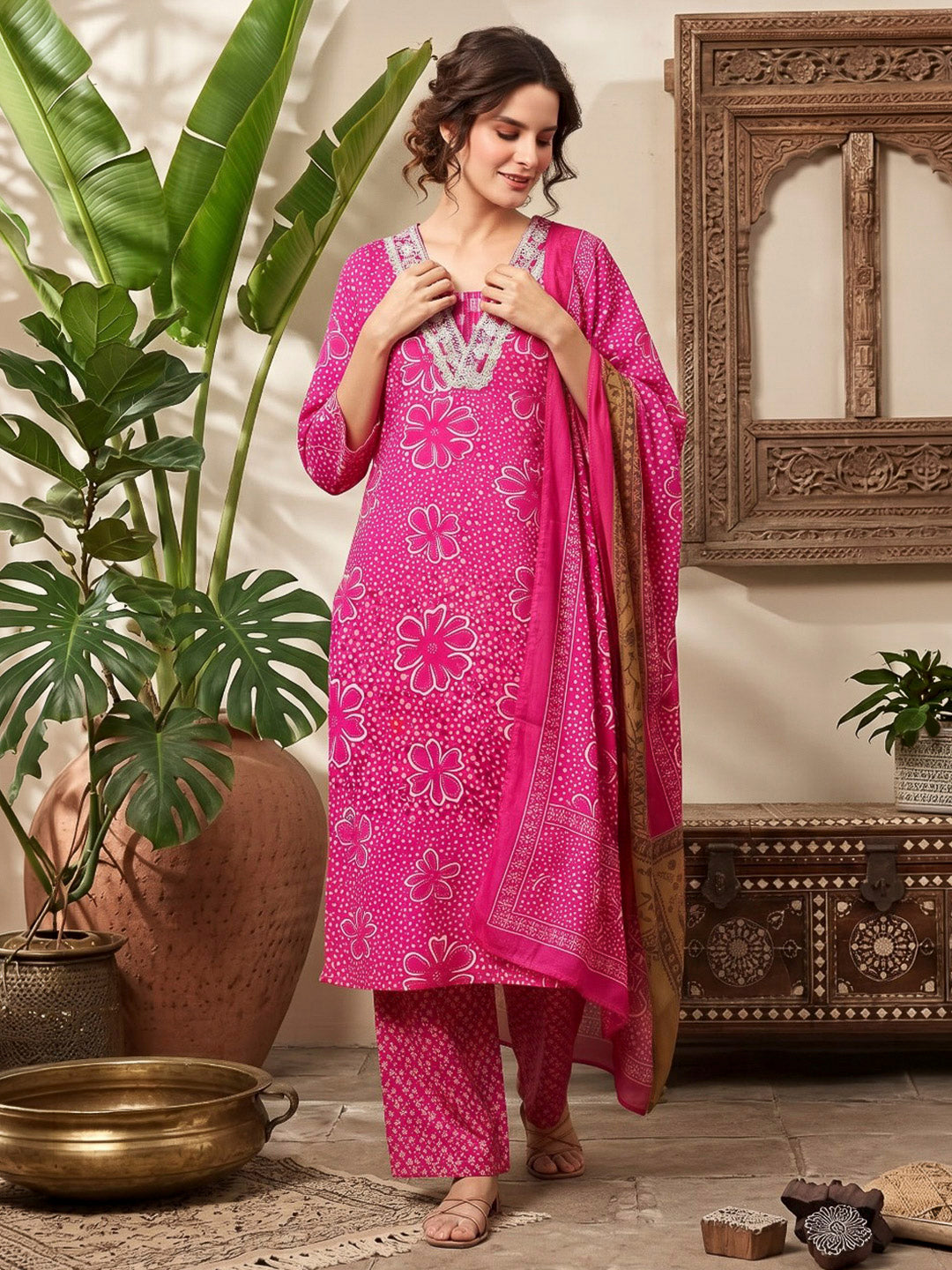 Pink Printed Cotton Blend Kurta With Pant &amp; Dupatta