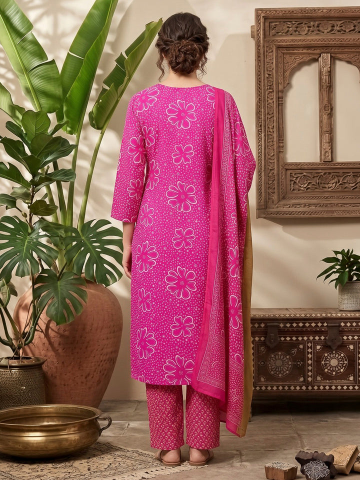 Pink Printed Cotton Blend Kurta With Pant &amp; Dupatta