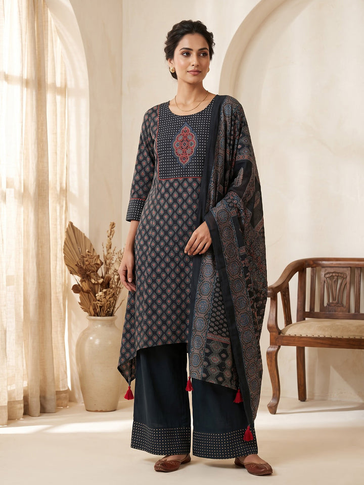 Black Embroidered Cotton Blend Kurta With Pant &amp; Dupatta