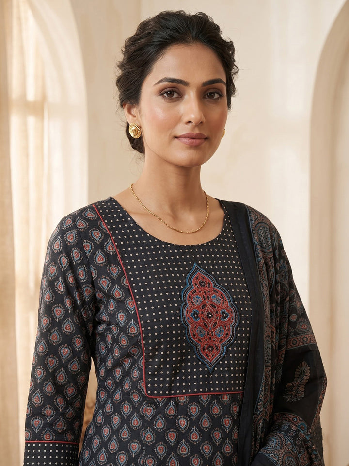 Black Embroidered Cotton Blend Kurta With Pant &amp; Dupatta