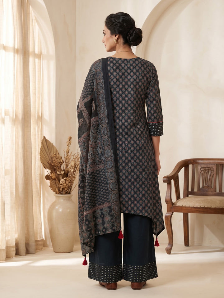 Black Embroidered Cotton Blend Kurta With Pant &amp; Dupatta