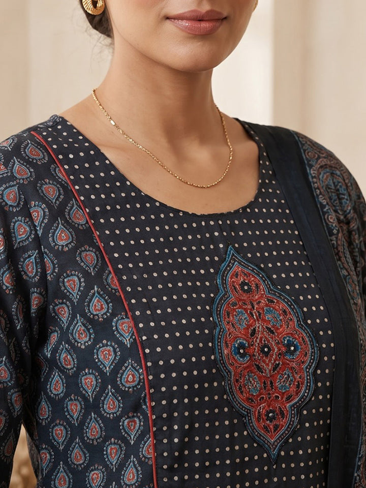 Black Embroidered Cotton Blend Kurta With Pant &amp; Dupatta