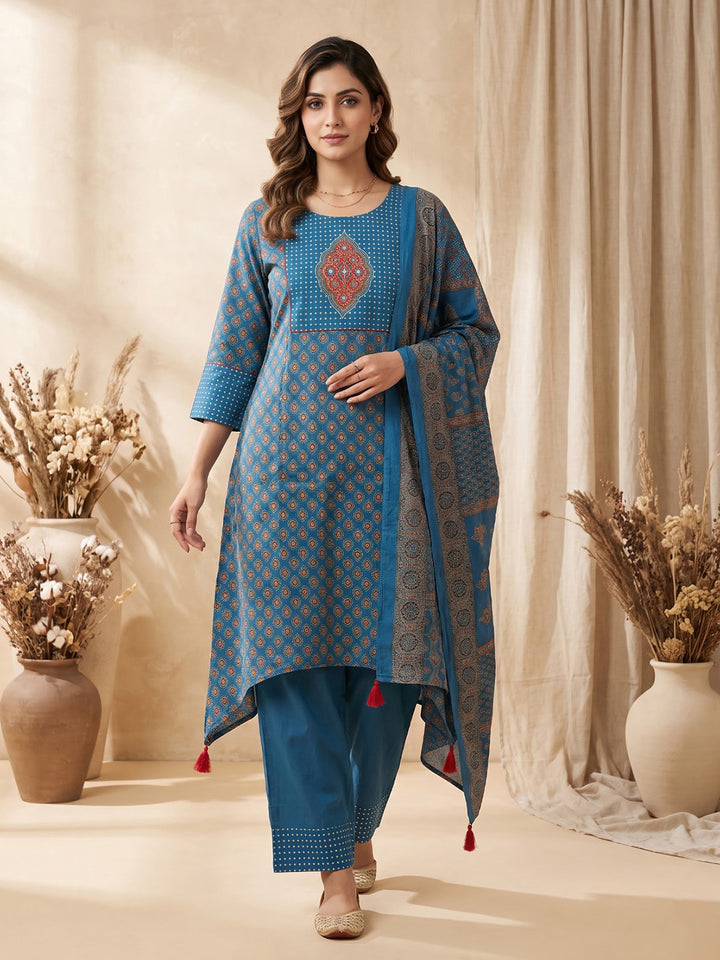 Blue Embroidered Cotton Blend Kurta With Pant &amp; Dupatta