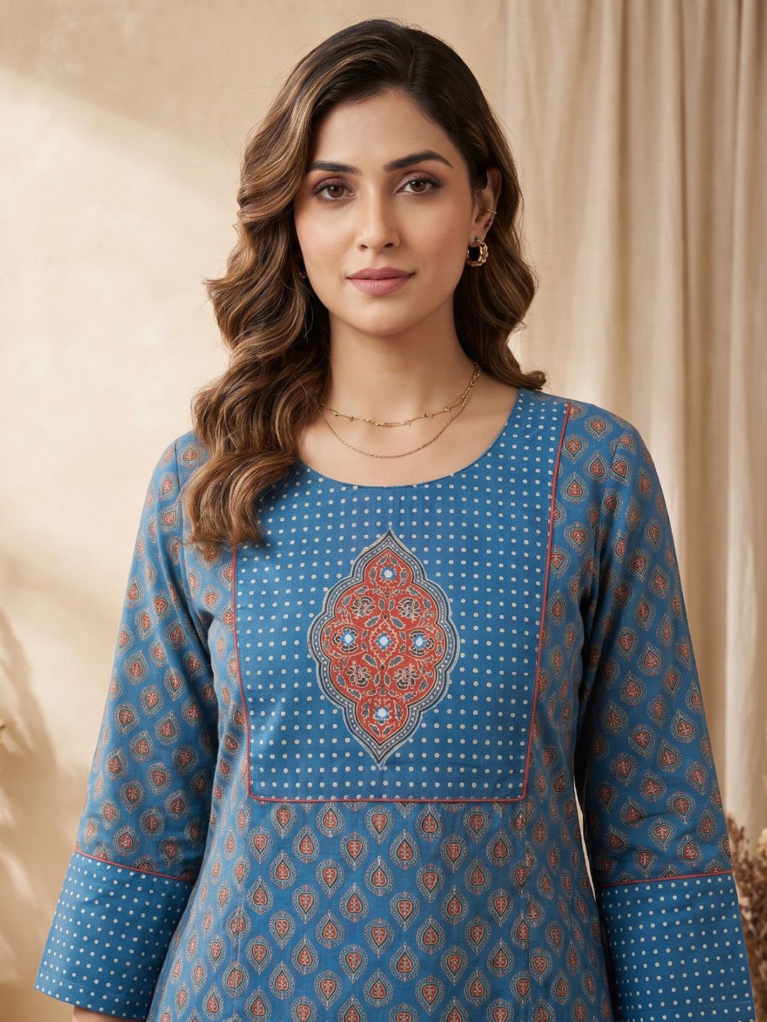 Blue Embroidered Cotton Blend Kurta With Pant &amp; Dupatta