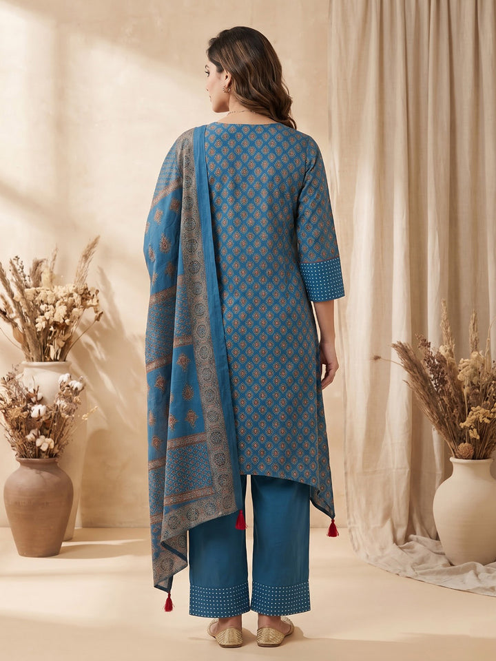 Blue Embroidered Cotton Blend Kurta With Pant &amp; Dupatta