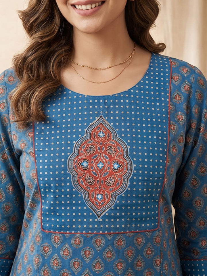 Blue Embroidered Cotton Blend Kurta With Pant &amp; Dupatta
