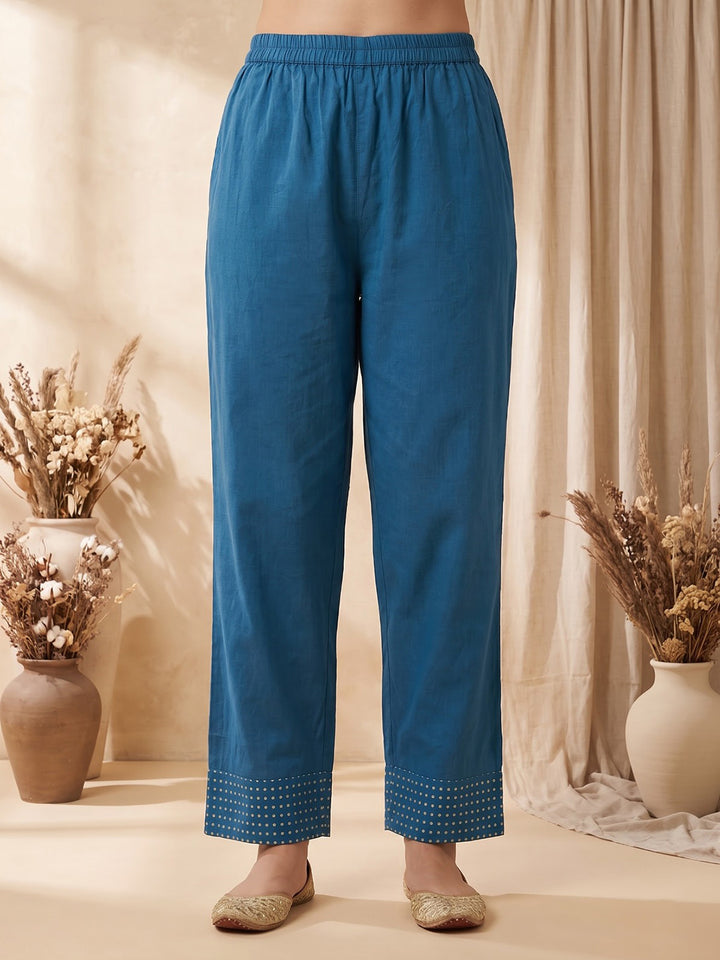 Blue Embroidered Cotton Blend Kurta With Pant &amp; Dupatta