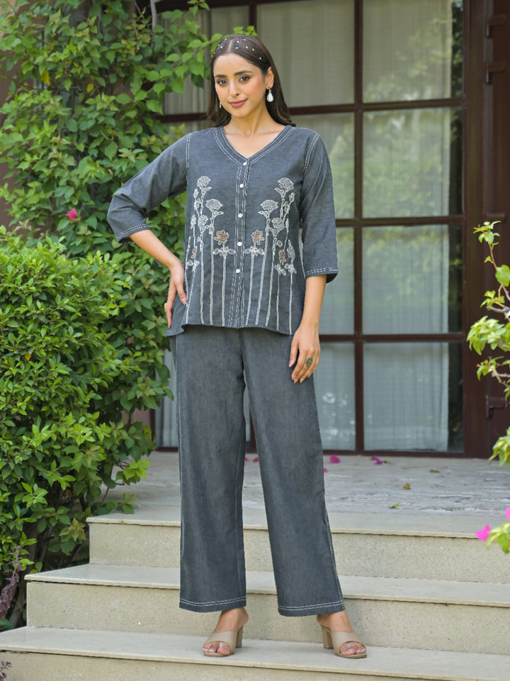Grey Printed Cotton Blend Kurta Set