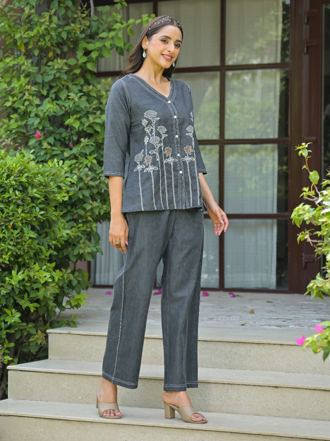 Grey Printed Cotton Blend Kurta Set