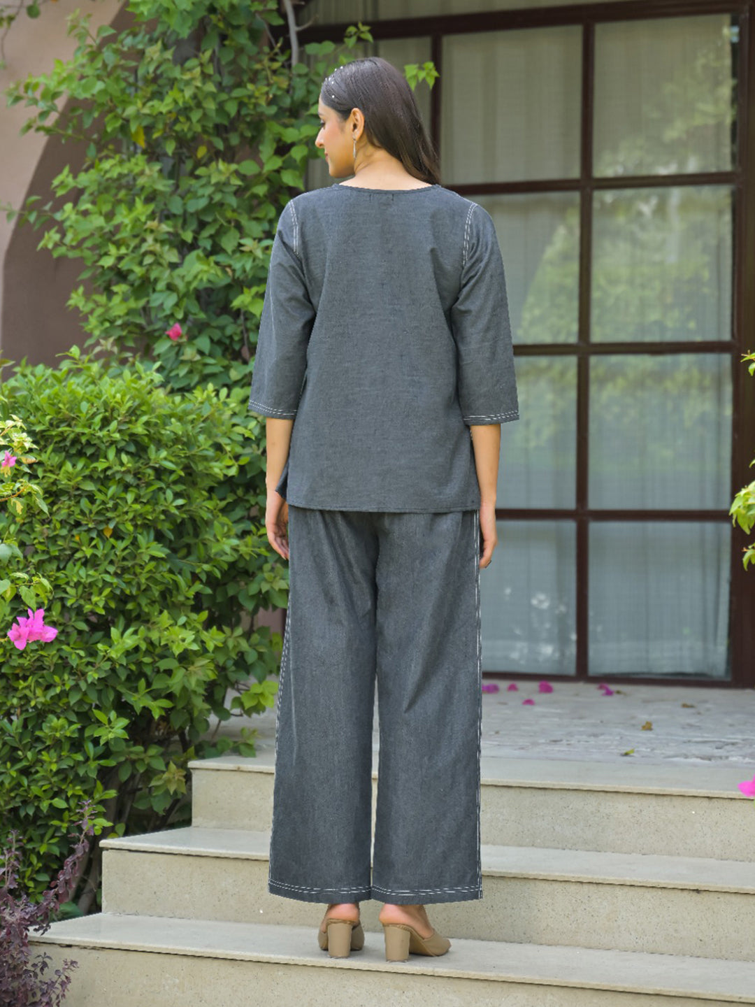 Grey Printed Cotton Blend Kurta Set