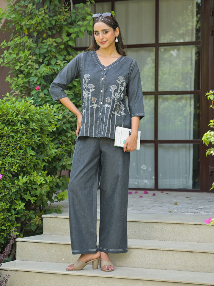 Grey Printed Cotton Blend Kurta Set
