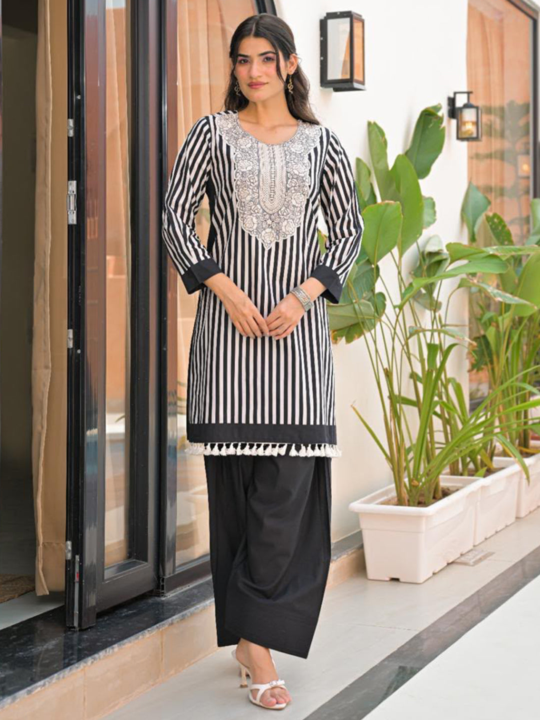 White Printed Cotton Blend Kurta Set