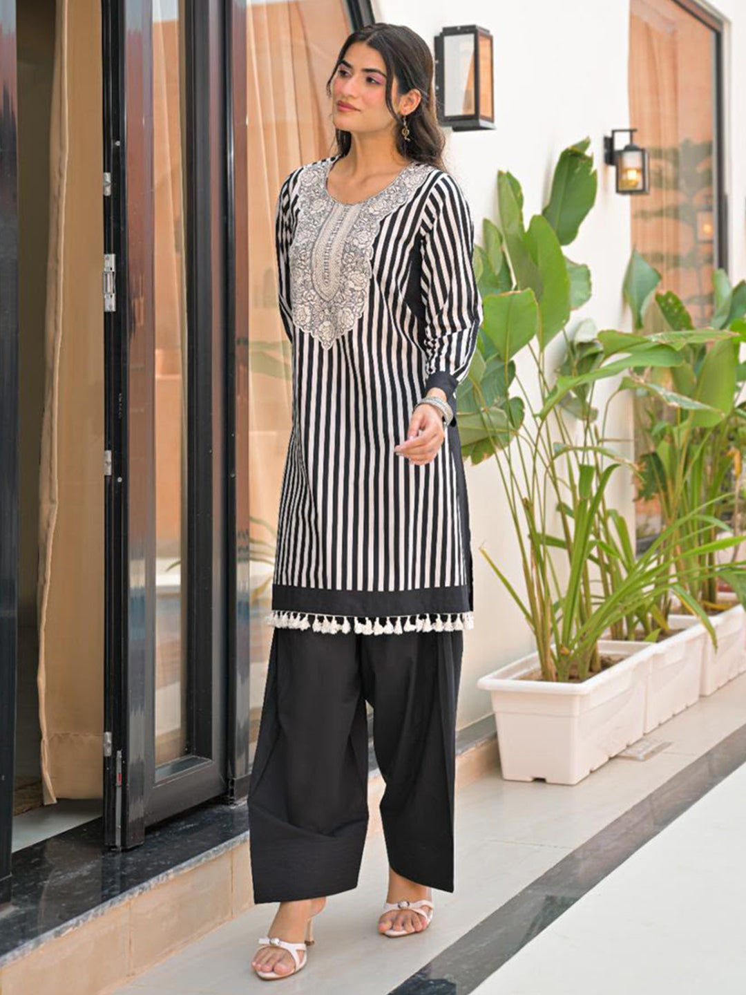 White Printed Cotton Blend Kurta Set