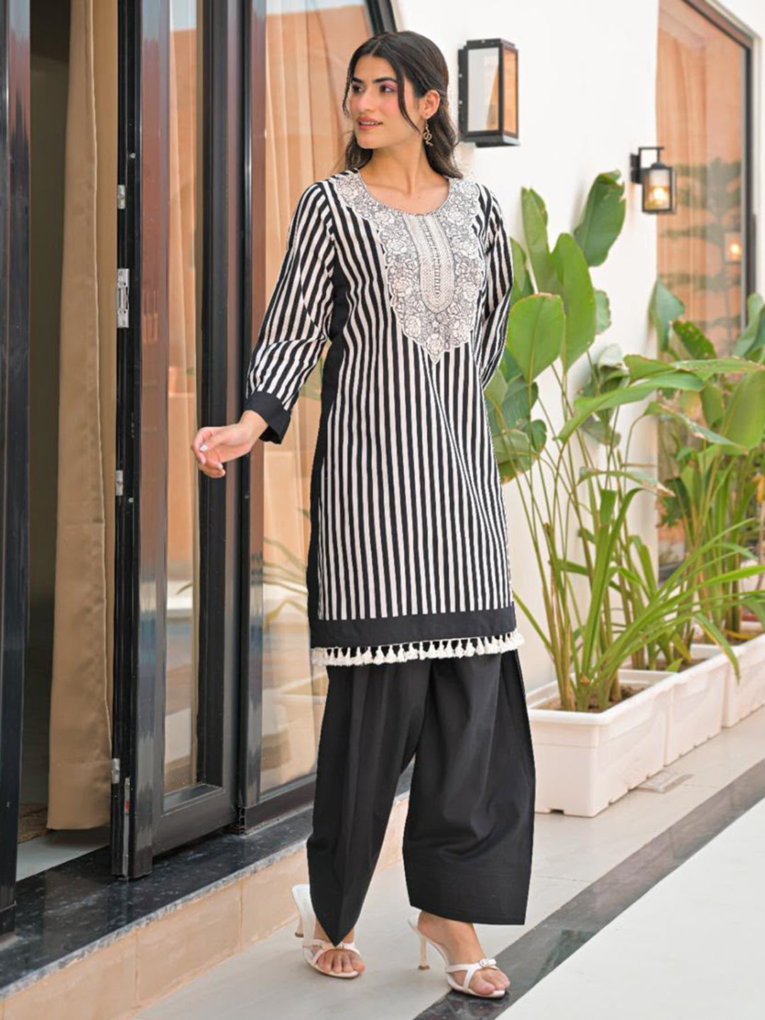 White Printed Cotton Blend Kurta Set