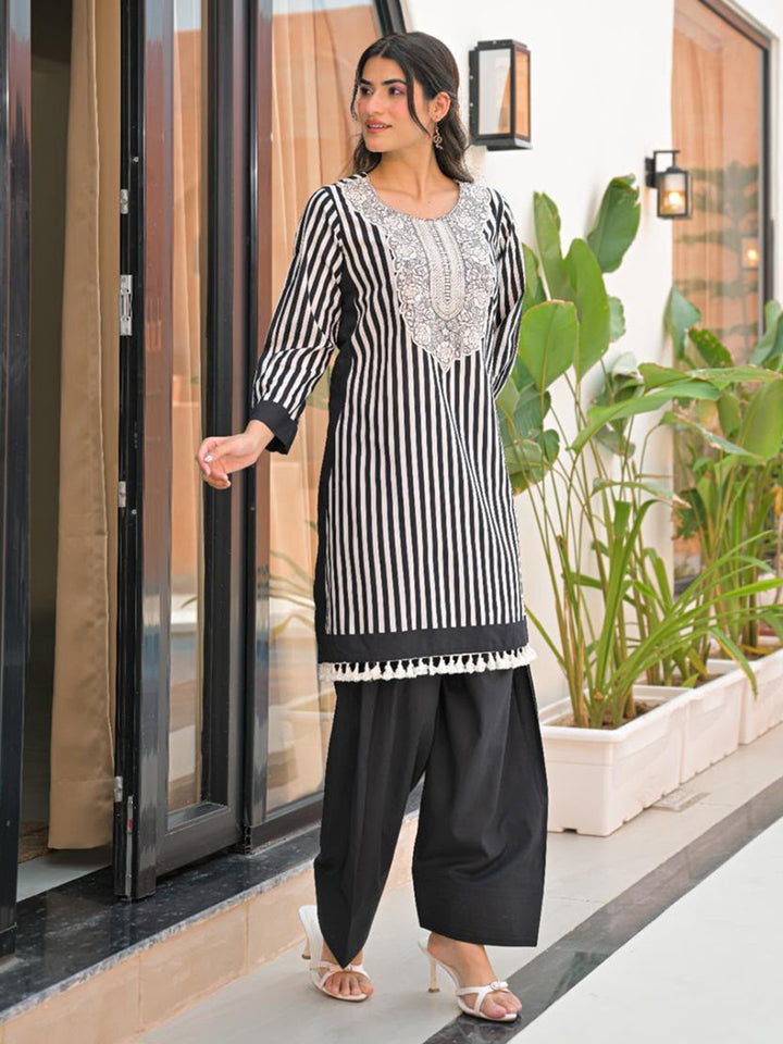 White Printed Cotton Blend Kurta Set