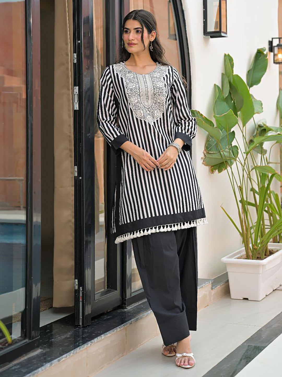 White Printed Cotton Blend Kurta Set