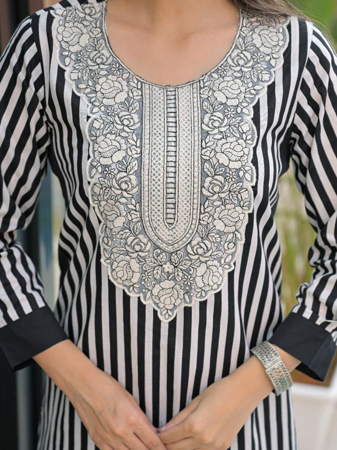 White Printed Cotton Blend Kurta Set