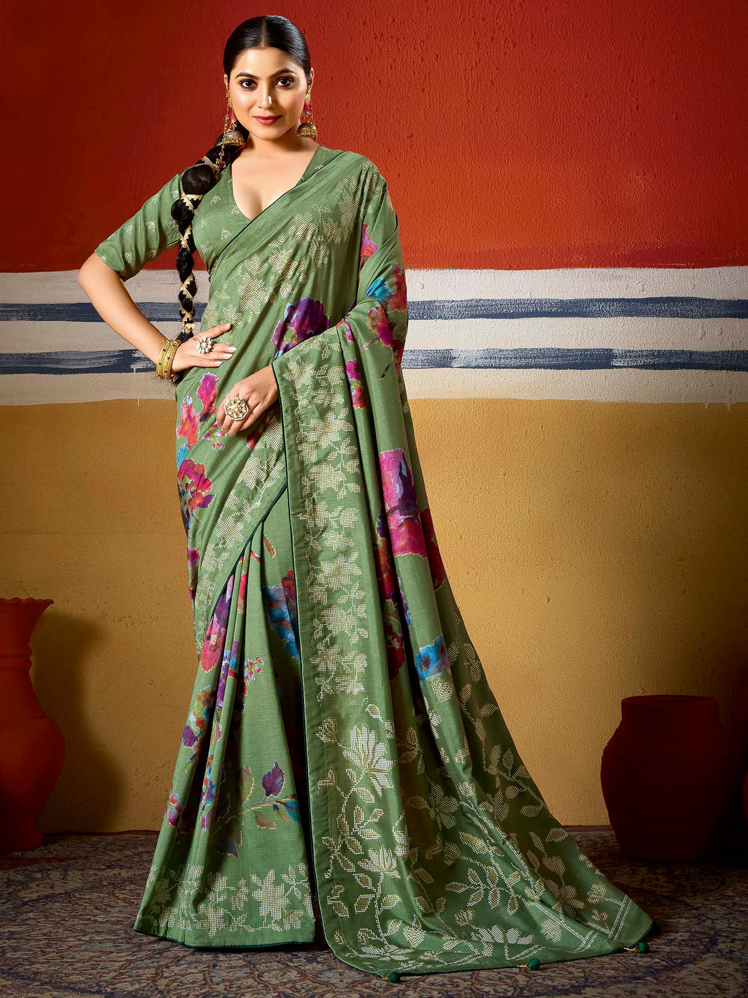 Pista Green Dola Silk Printed Saree