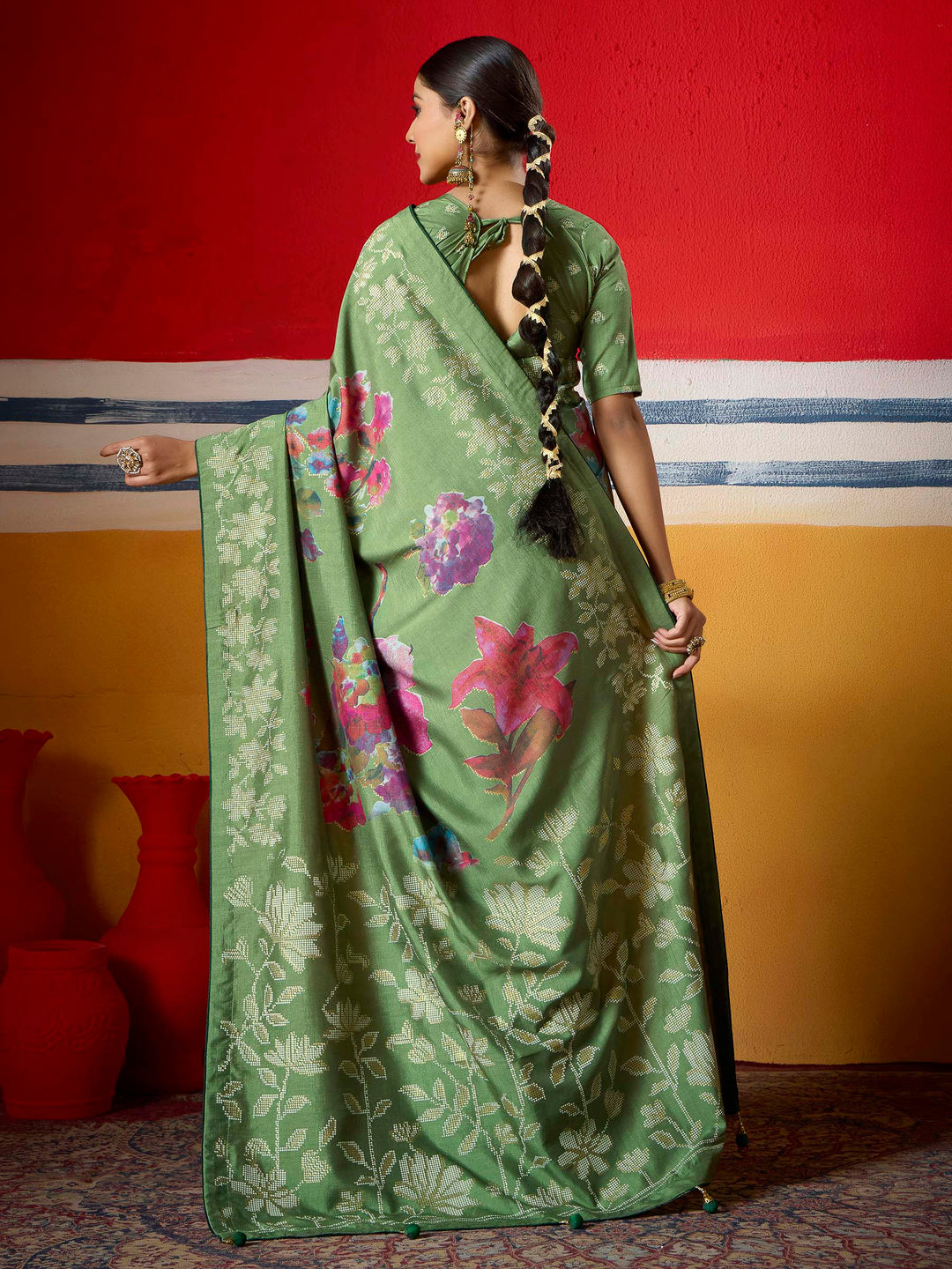 Pista Green Dola Silk Printed Saree