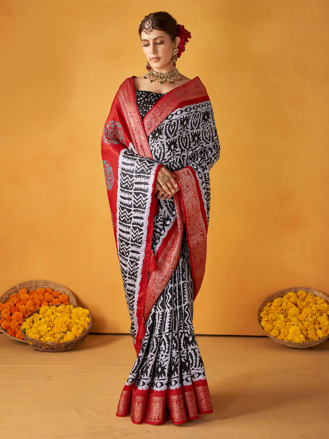 White-Black Art Silk Printed Saree