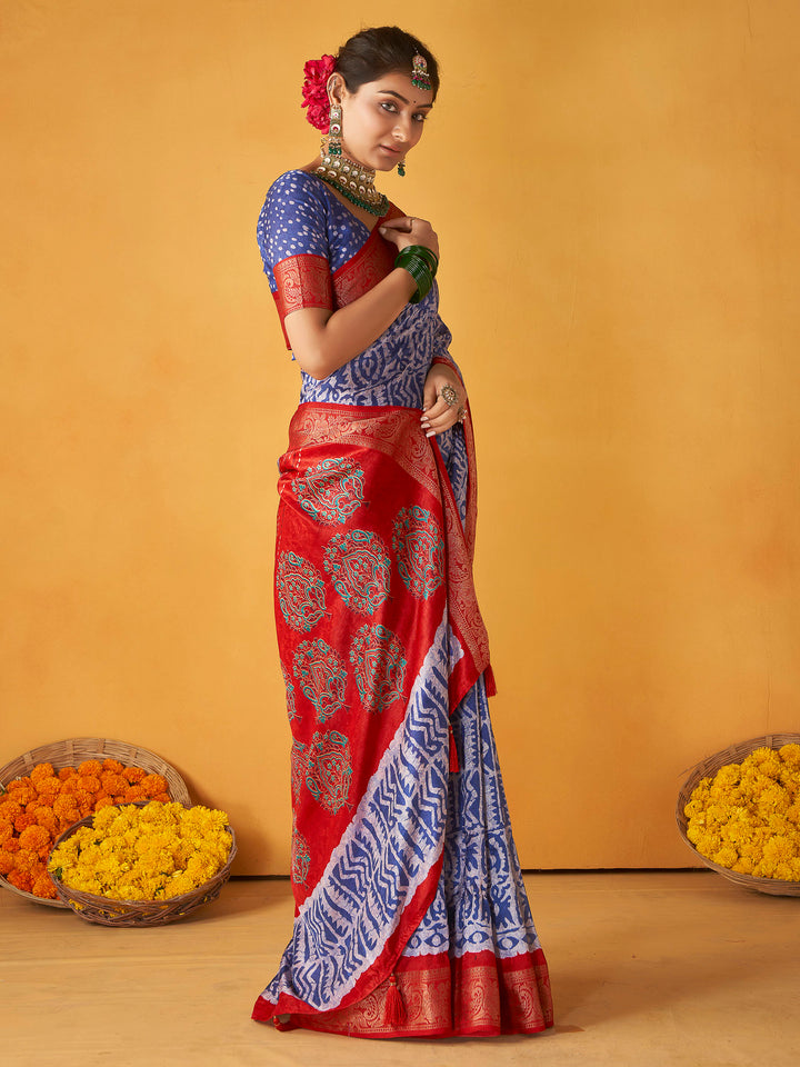 Steel Blue-White Art Silk Printed Saree