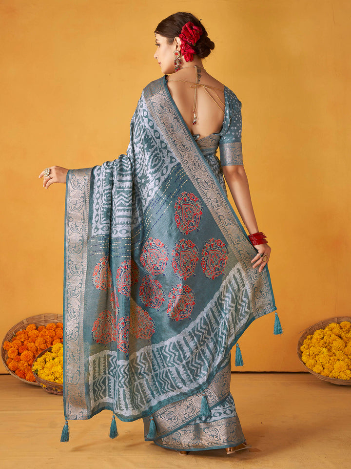 Grey Art Silk Printed Saree
