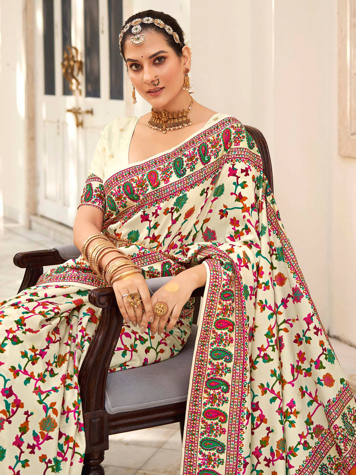 White Pashmina Printed Saree