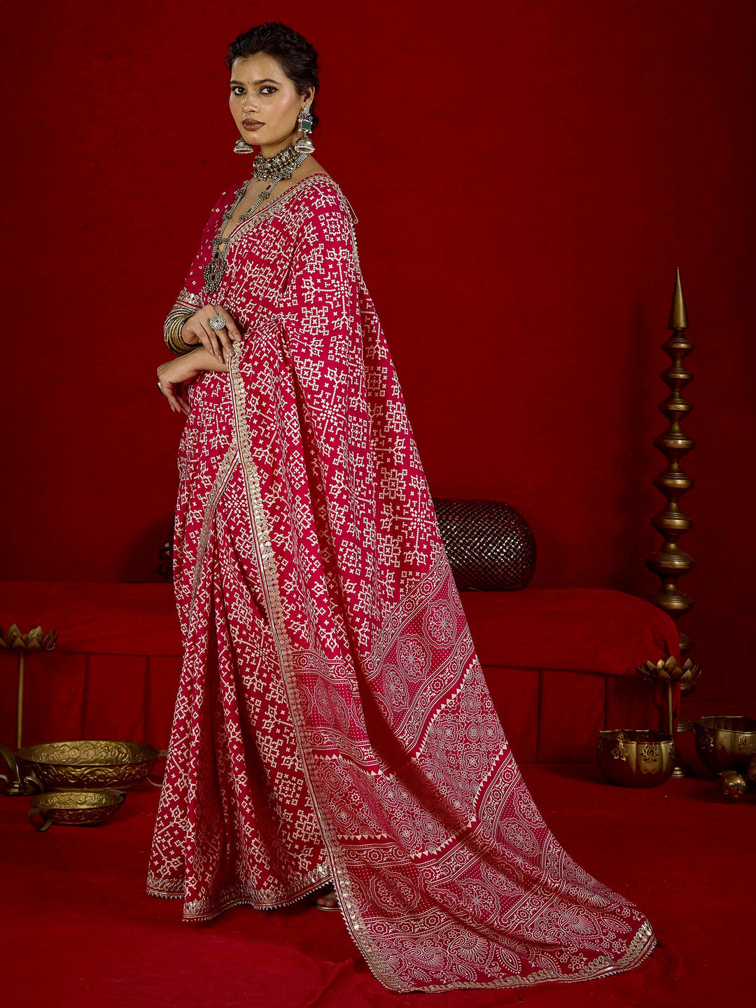 Red Dola Silk Printed Saree