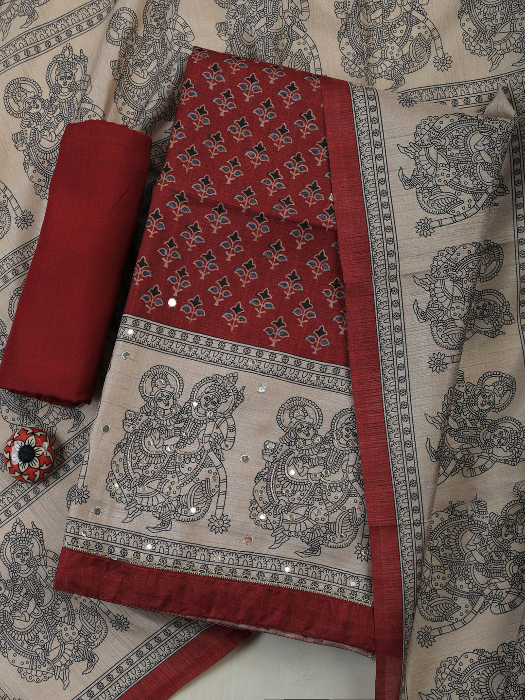 Maroon Art Silk Printed Unstitched Dress Material