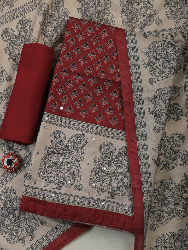 Maroon Art Silk Printed Unstitched Dress Material