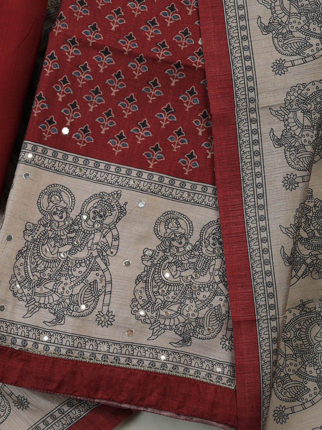 Maroon Art Silk Printed Unstitched Dress Material